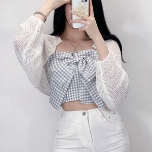 gray & white gingham crop top w. front bow detail